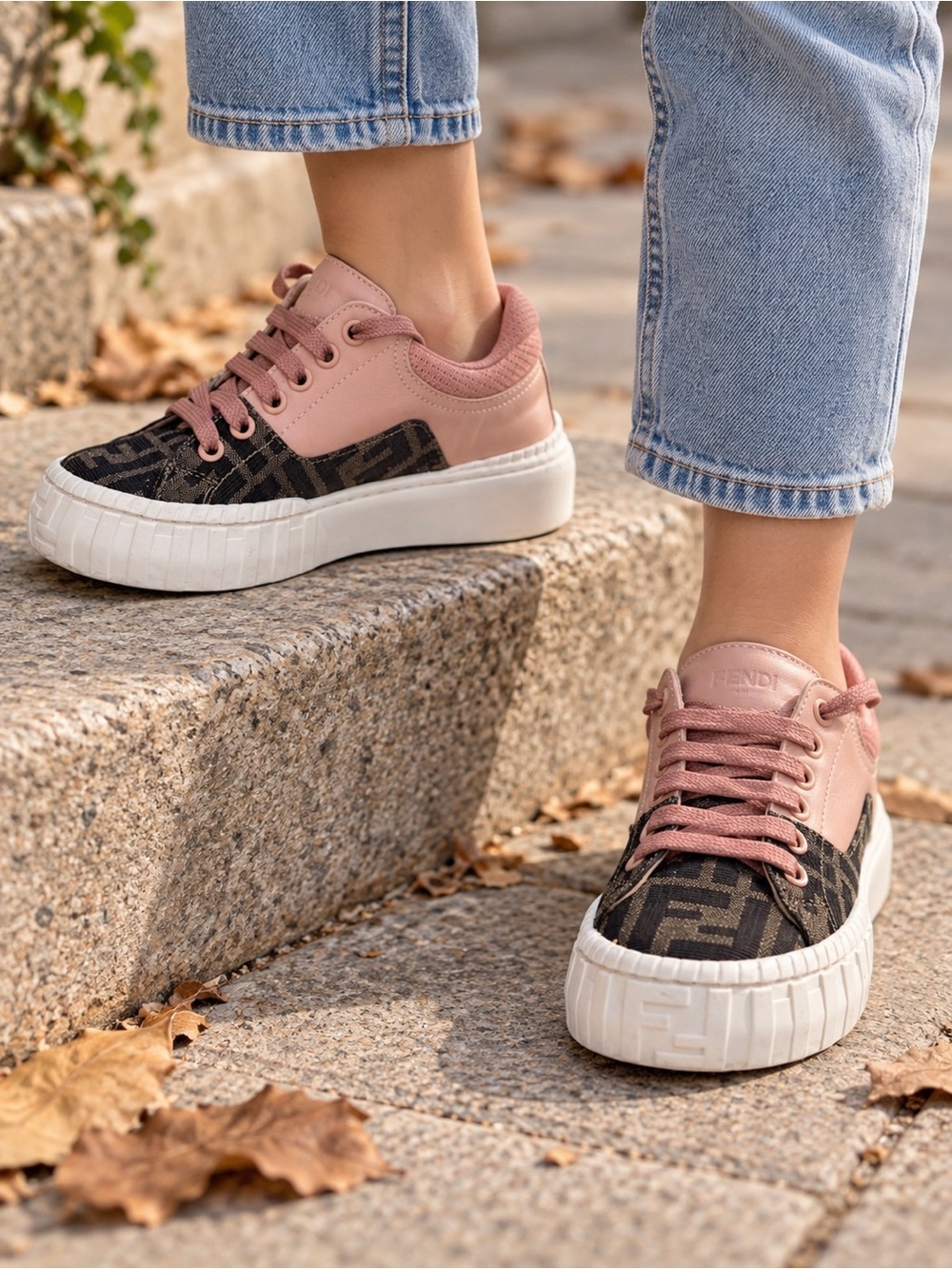 Fendi Kids FF Logo Canvas Sneakers Pink Leather Trim Size 32